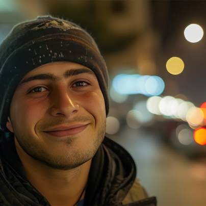 Geflüchteter Jugendlicher wirkt glücklich beim Sparzieren gehen. 