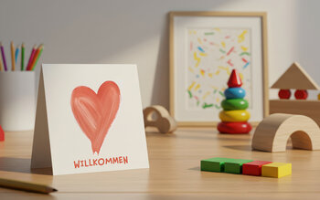 Willkommen Zuhause! Tisch mit einer Willkommenskarte und Spielsachen