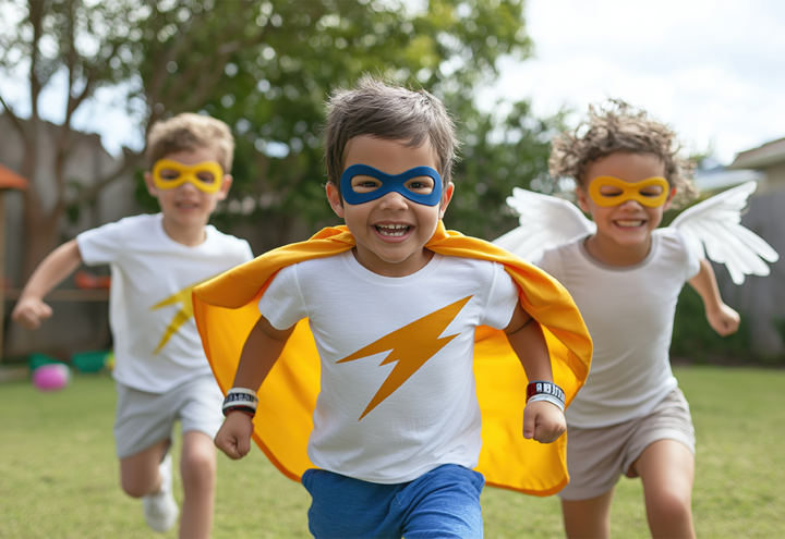 Starke Kids! Drei Kinder laufen verkleidet als Superhelden über die Wiese.